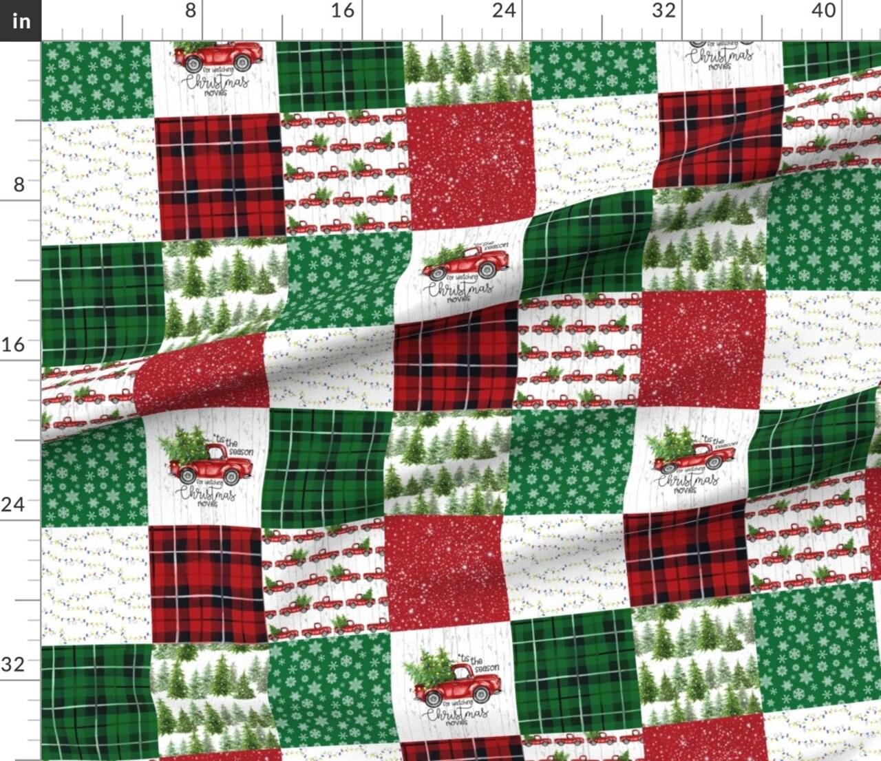 Cheater Quilt Rustic Christmas Plaid Tartan Red Truck Country Christmas Farmhouse Snowflakes Christmas Lights Snowflakes Trees Classic Custom Printed Fabric by Spoonflower Various Fabrics by the Yard or Fat Quarter